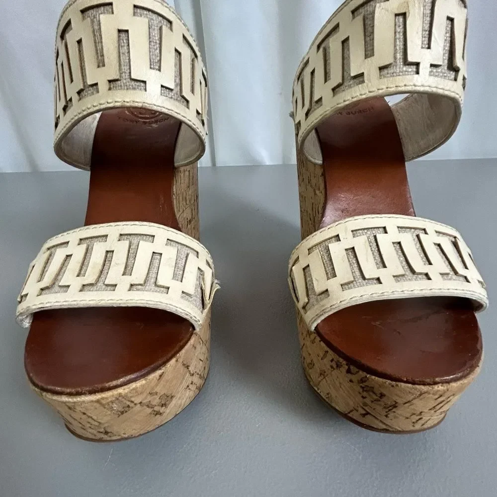 Tory Burch Tan and Cream Wedge Sandals size 8M - Picture 9 of 11